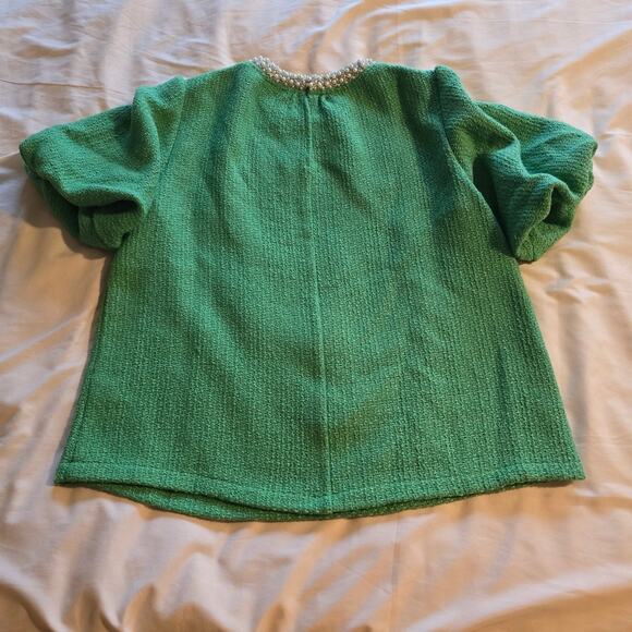 Womens bejeweled neckline jade green bubble sleeve top size medium Vintage Charm - Picture 4 of 10